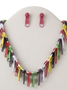 NECKLACE & EARRING SET MADE WITH ZIPPERS, MULTICOLOUR, METAL, 18 INCHES PLUS 3